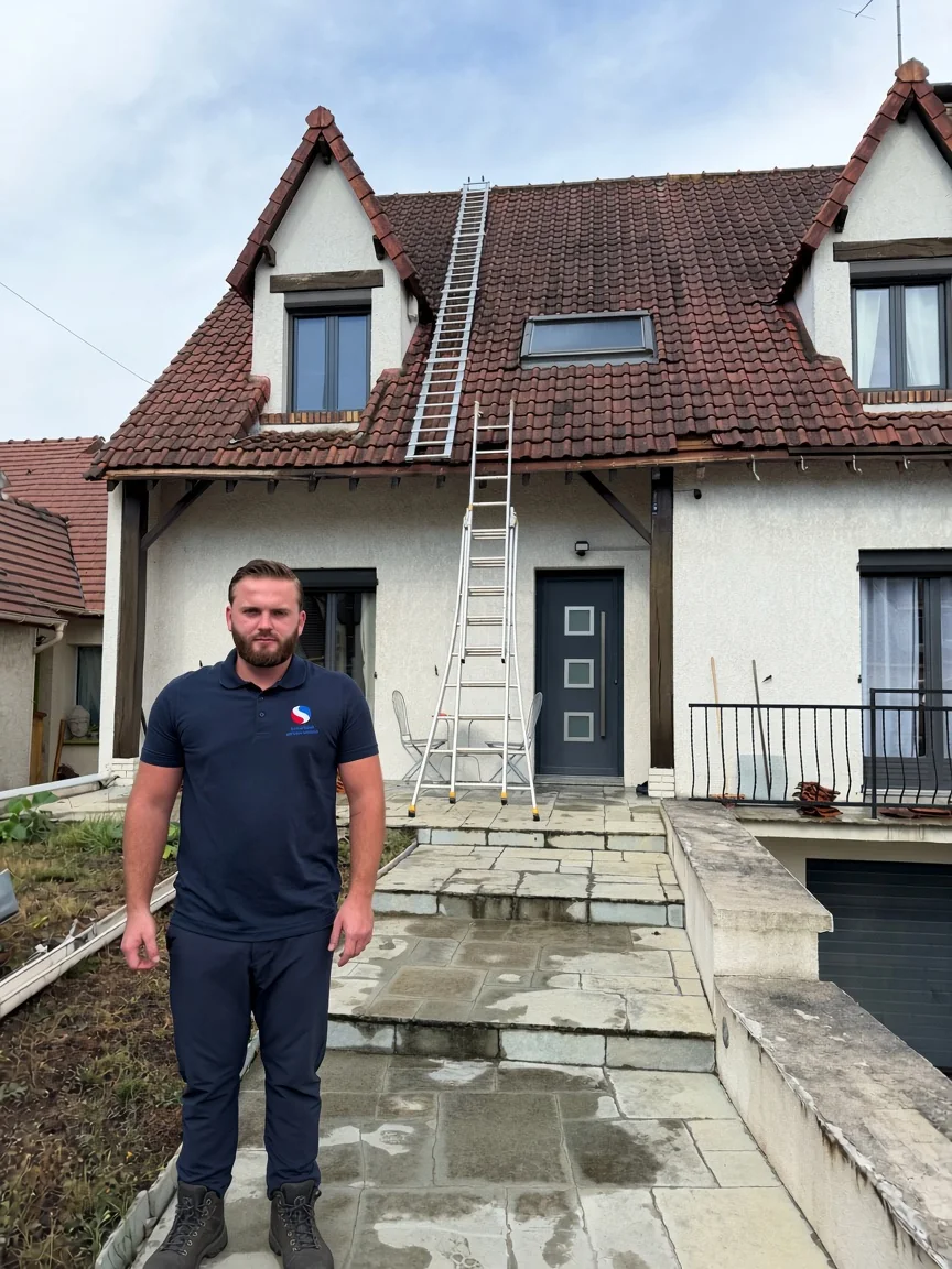 Kenny Simonard, artisan couvreur, devant un pavillon en chantier en Seine-et-Marne